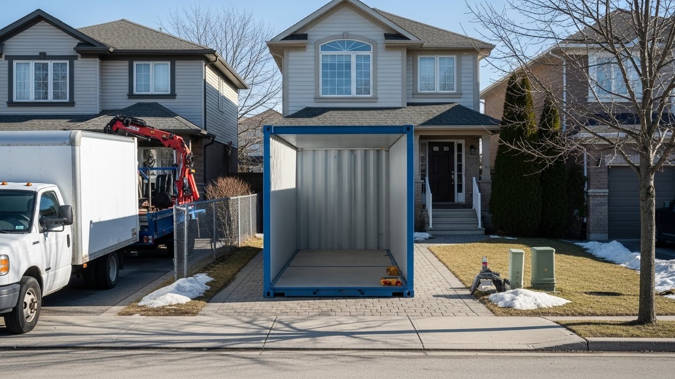 Flat-pack storage container installed on a narrow residential driveway in New Brunswick