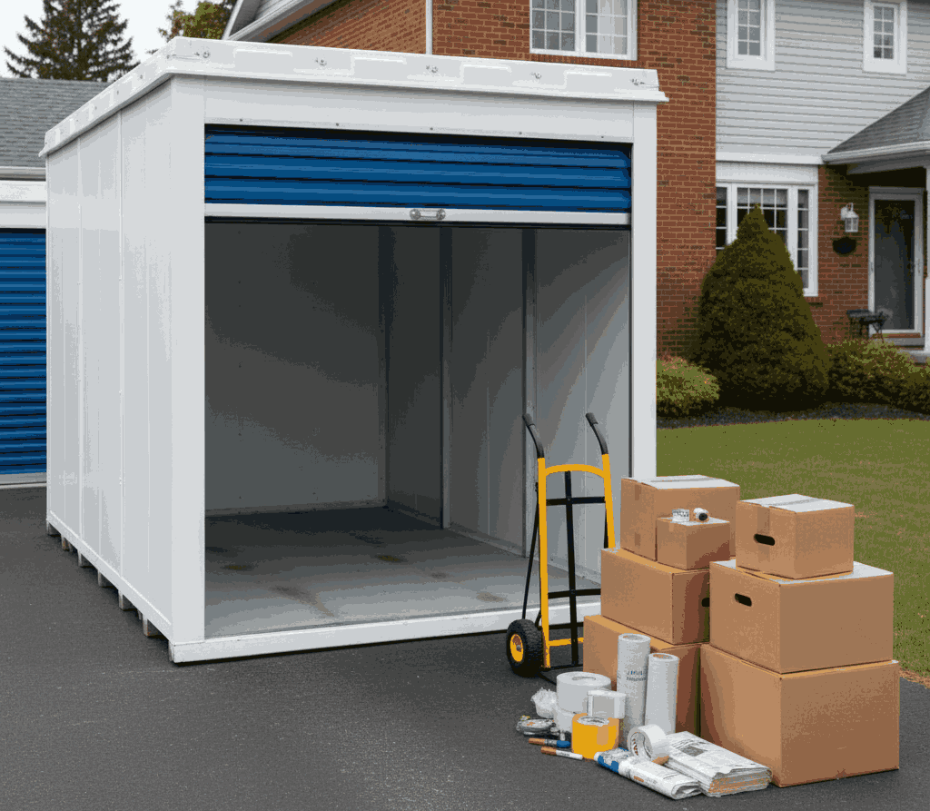 Open empty storage pod on a driveway with moving boxes and supplies neatly arranged nearby, showing the beginning of the loading process.