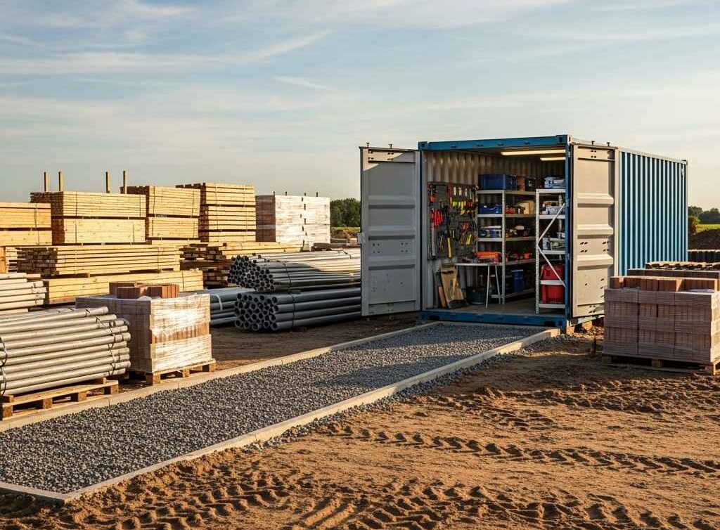 Neat job site with a clean storage container holding organized tools and materials close to the work area.
