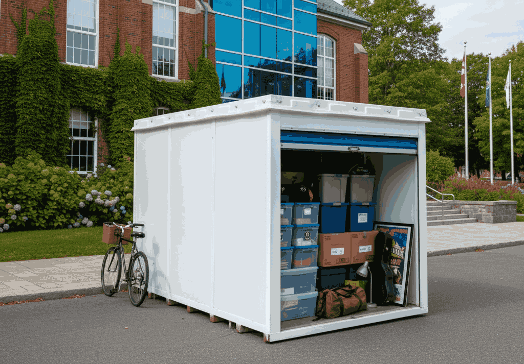 Close-up of a sealed steel storage container showing a dry interior with neatly stored items such as books and a clothing bin.