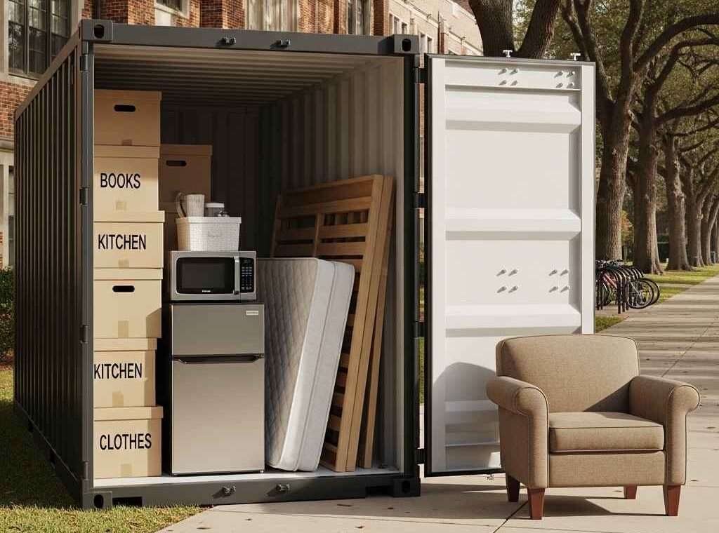 Compact storage container next to a university residence building, showing boxes, a mini-fridge, and small furniture stored neatly inside.