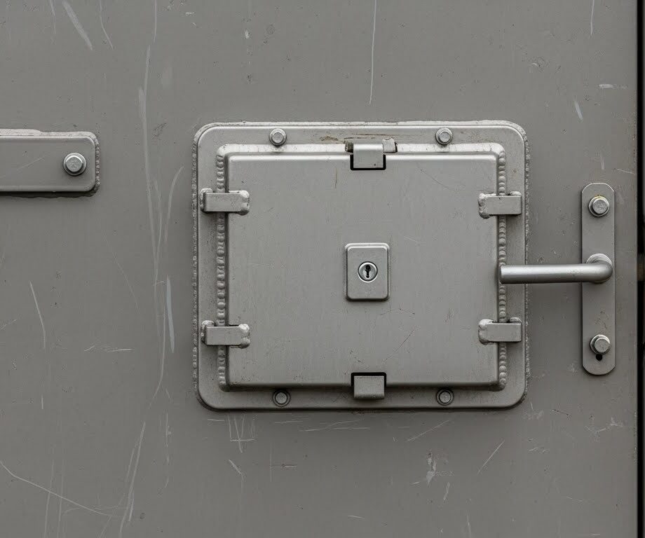 Reinforced lock box and door hardware on government equipment storage container