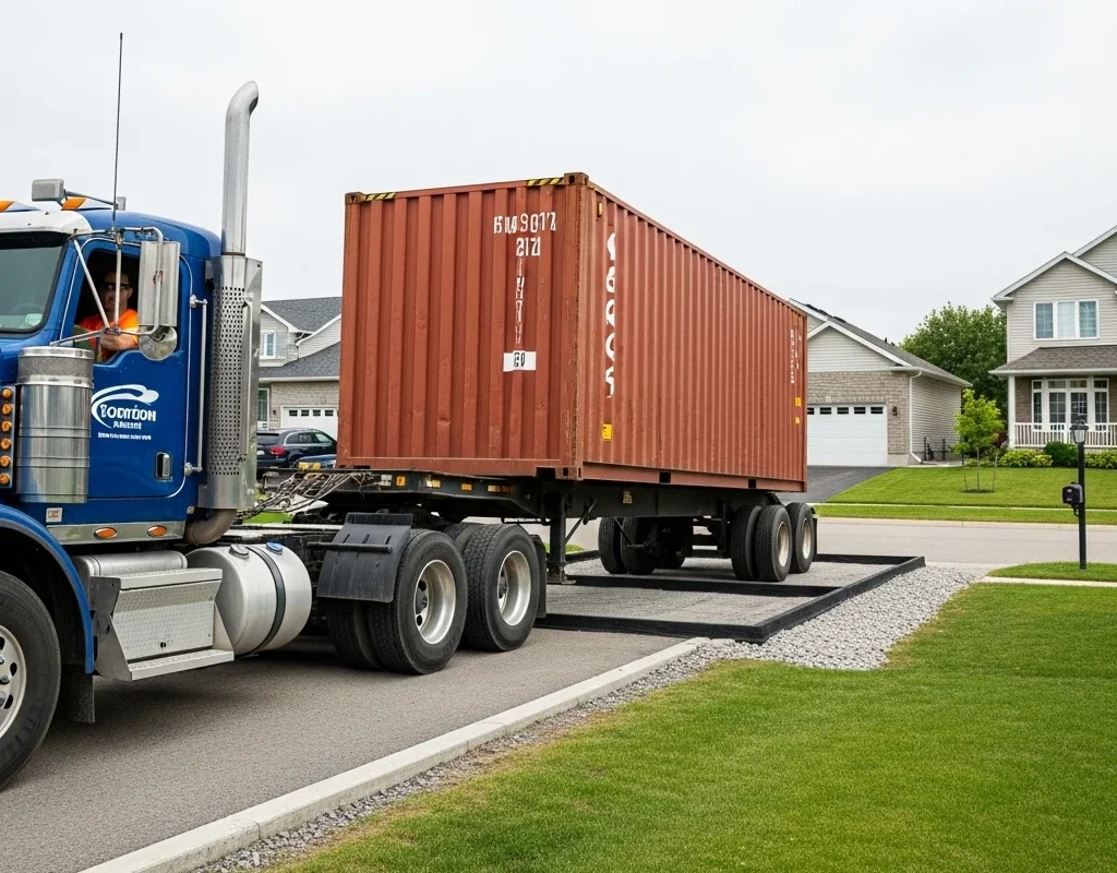 Shipping container being delivered to a residential driveway in Moncton