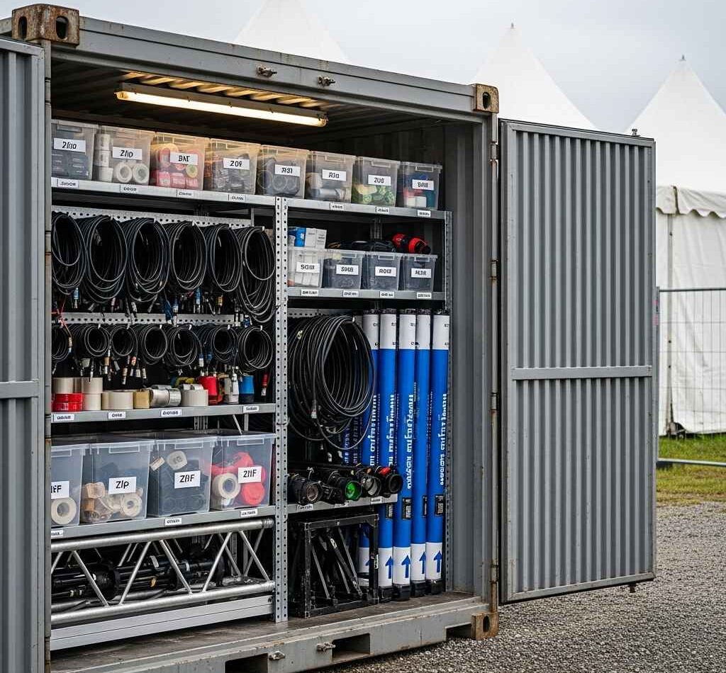Open storage container at an event site with neatly organized supplies used by event teams.