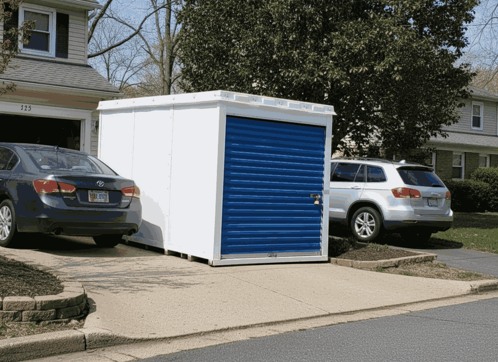 Compact storage container placed on a narrow suburban driveway beside vehicles and landscaping.