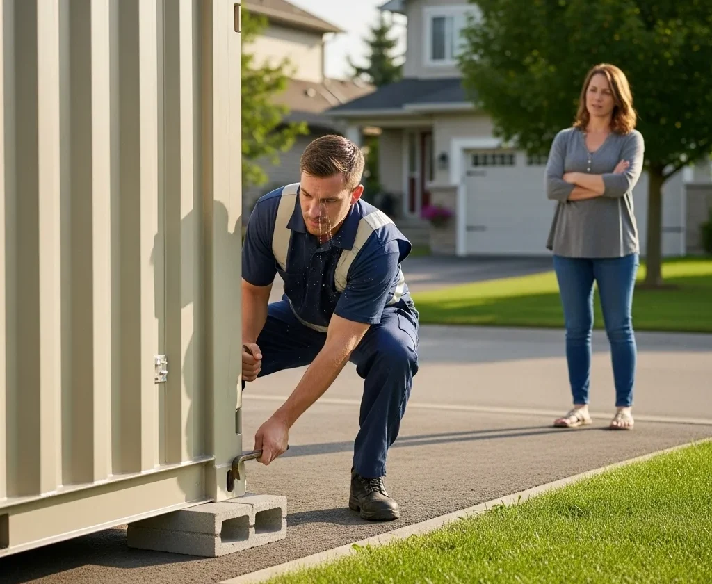 Professional placement of a portable storage container on a driveway in New Brunswick