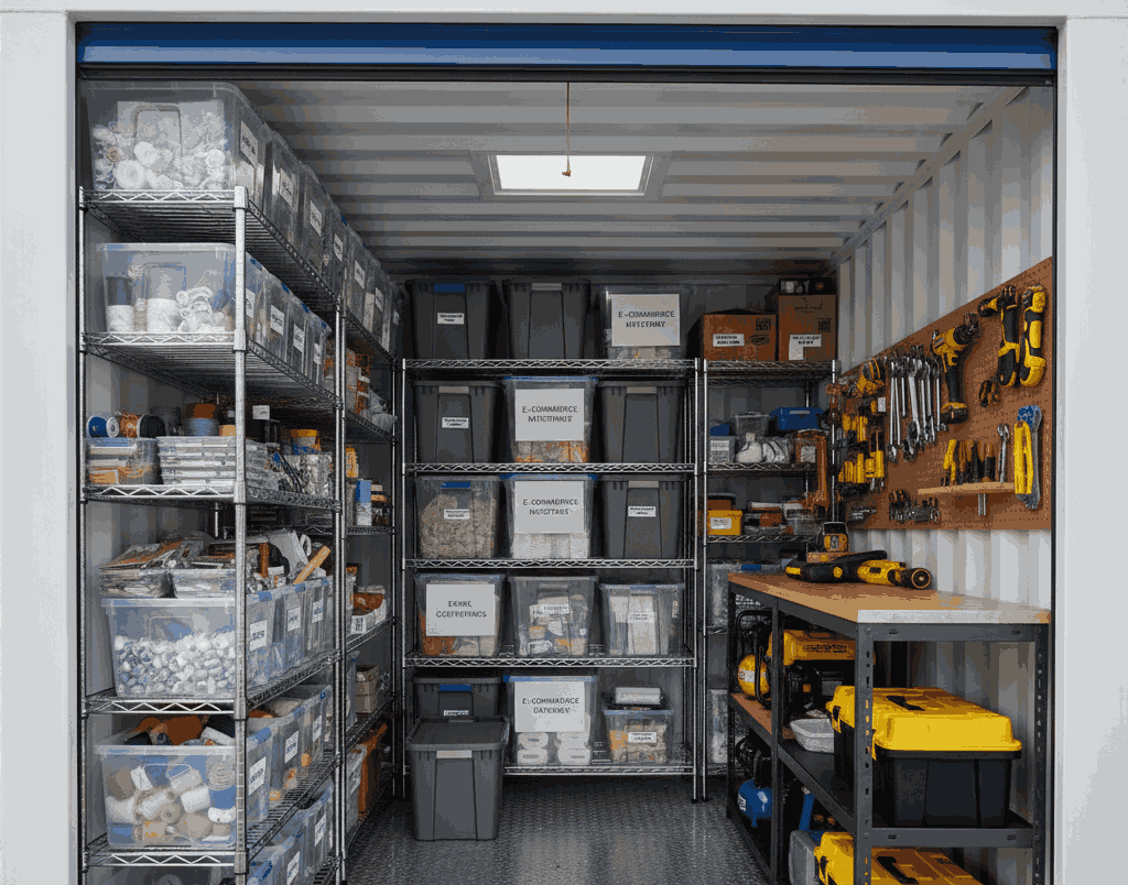Interior of a storage container organized with shelves, bins, and open space to support different types of home businesses.