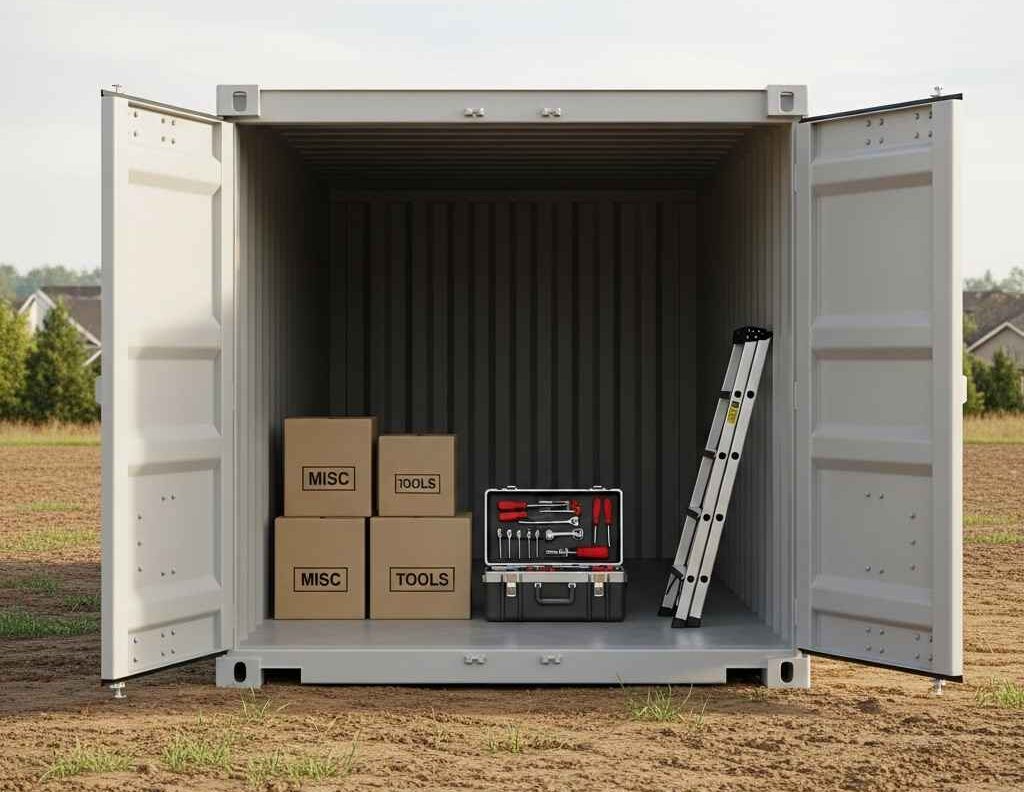 Clean storage container on an empty residential lot with a few neatly arranged construction items inside.