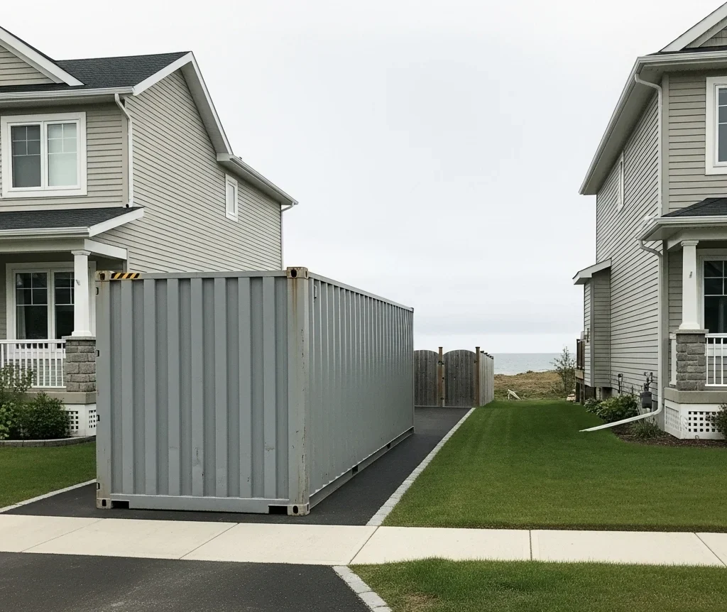 Portable storage container placed in a narrow residential driveway
