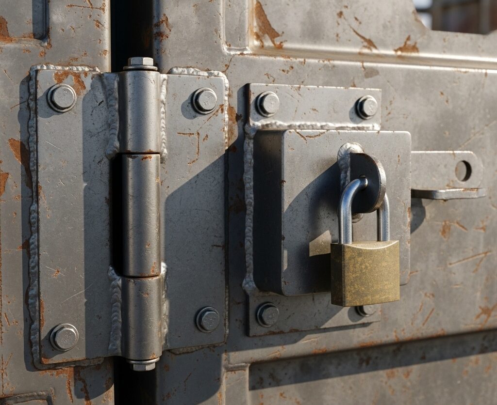 Reinforced lock box and door hardware on a secure construction site container