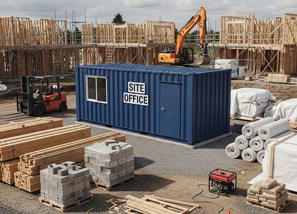 Steel storage container at the center of a busy residential job site with materials and equipment arranged around it.