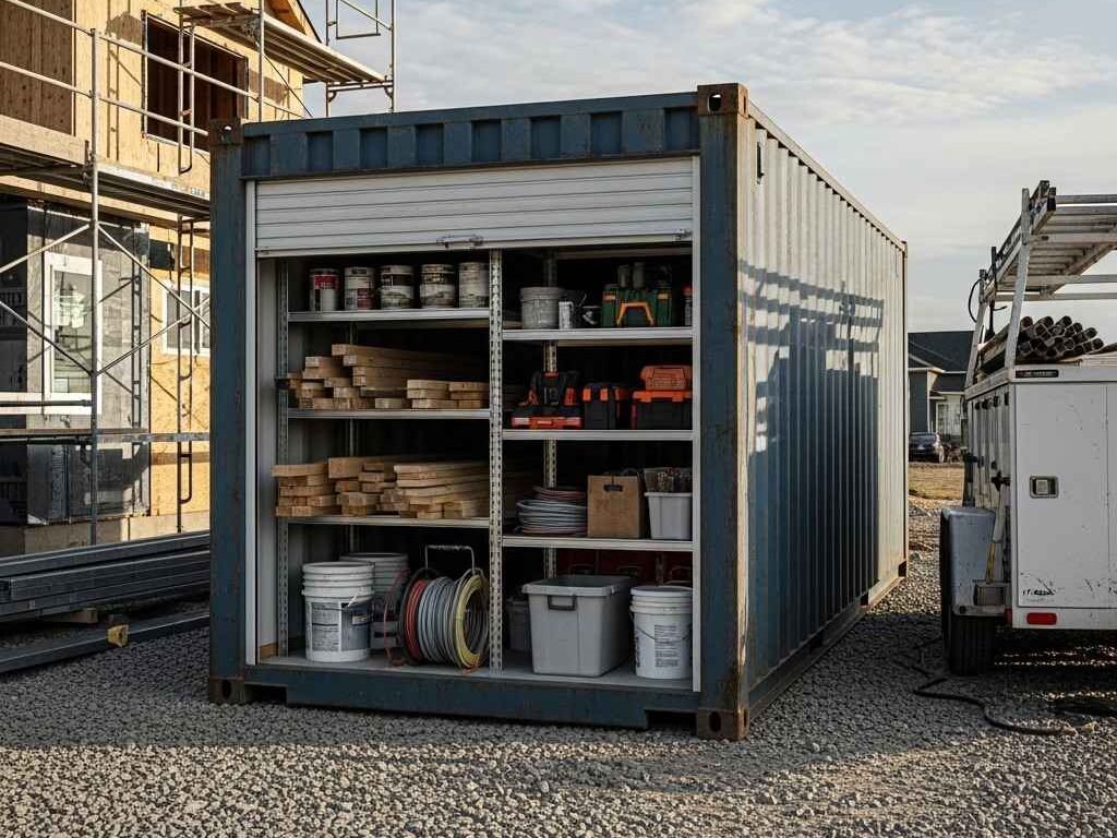 Rugged contractor storage container between a home renovation project and a work trailer, showing organized tools and materials inside.