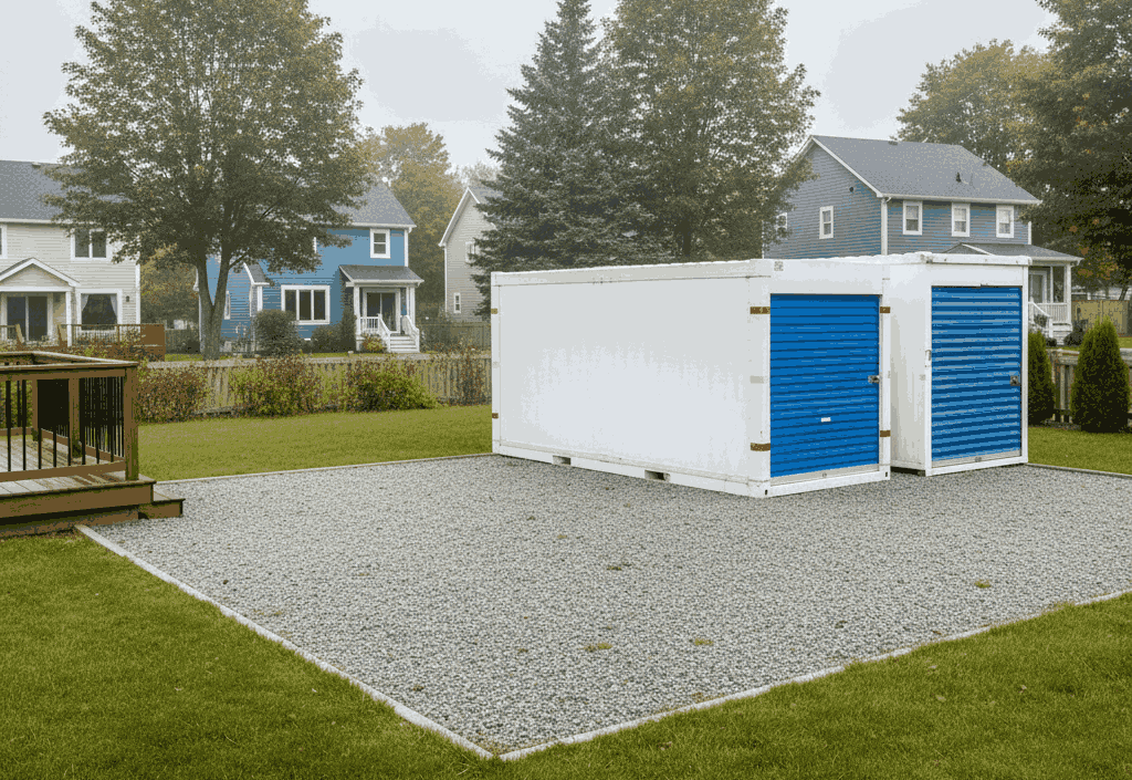Backyard in Atlantic Canada with a steel storage container positioned on gravel, showing the need for on-site business storage.