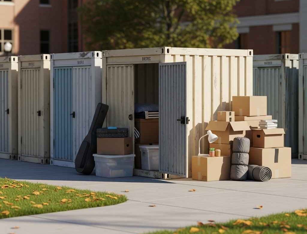Row of small storage containers near a campus walkway with dorm items and boxes placed outside one open container.