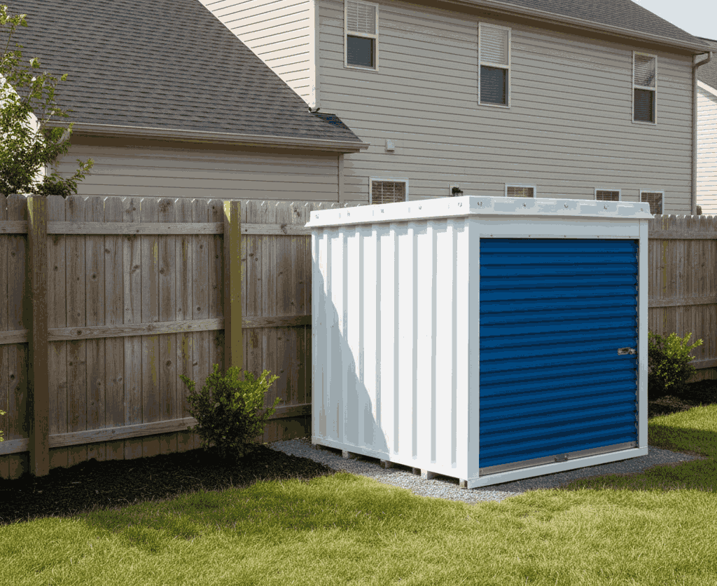 Small residential yard with a compact storage container placed neatly beside a fence, showing easy property fit.