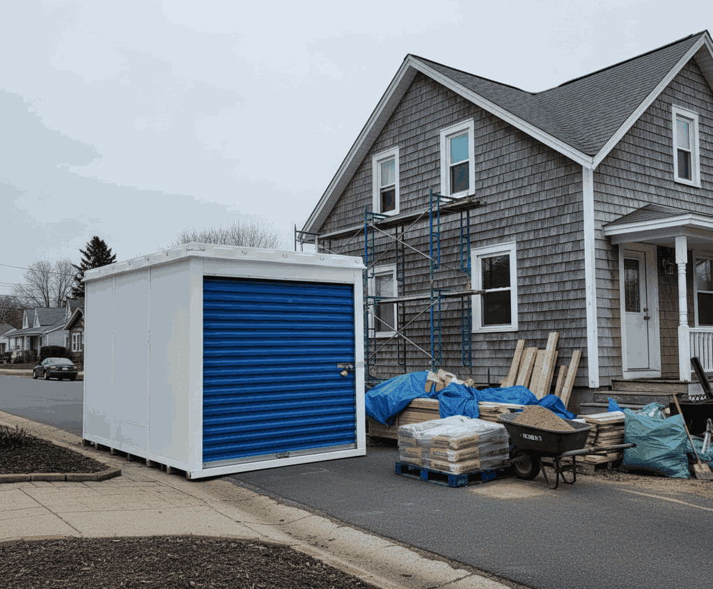 Storage pod beside a home under renovation with materials and staging items around it.