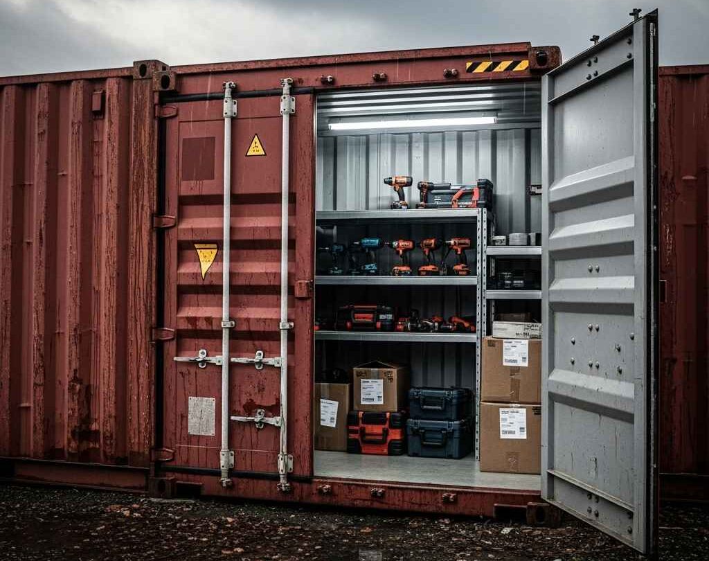 Closed steel storage container in cloudy weather with a dry interior visible holding tools and materials.