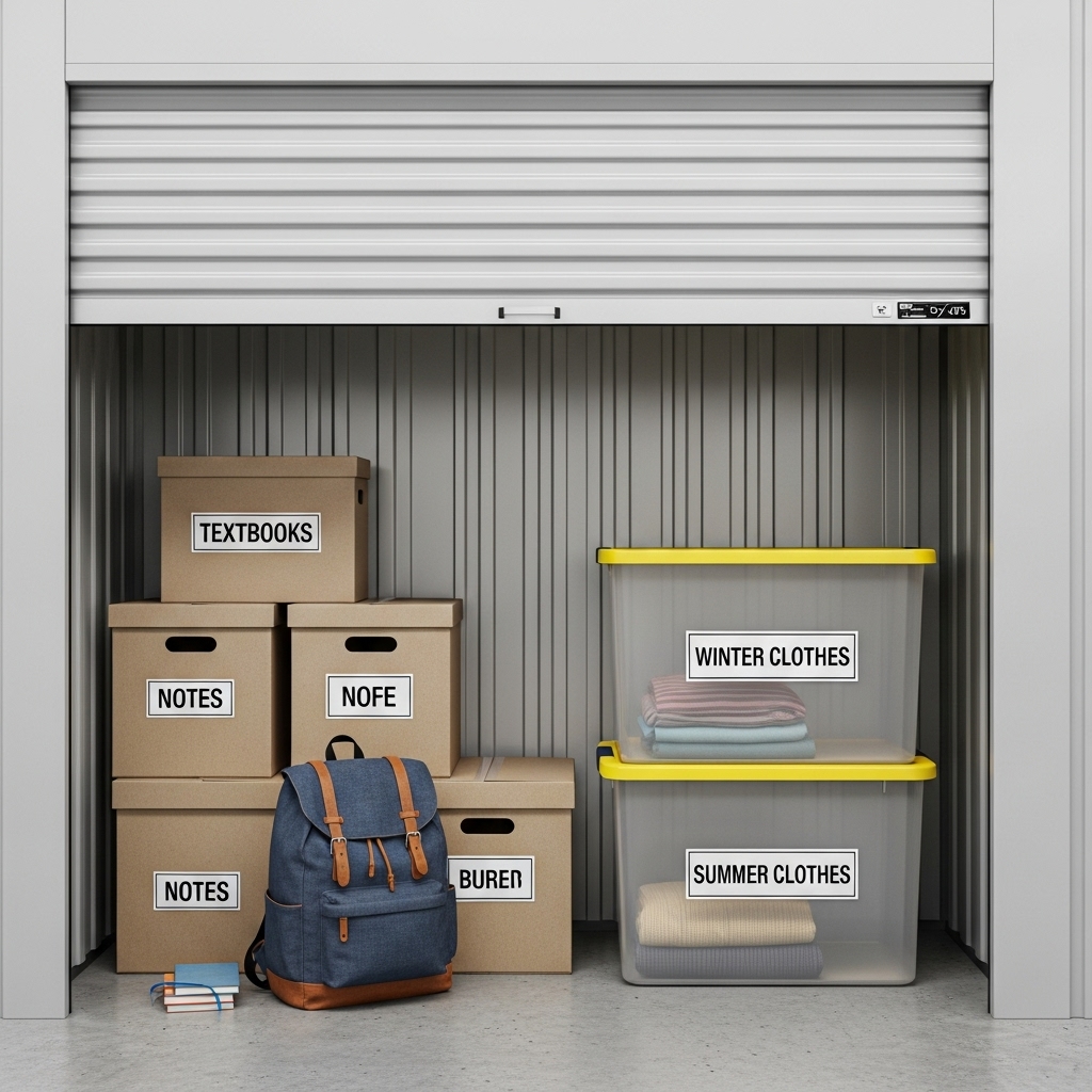 Small storage container holding stacked boxes, a backpack, and clothing bins arranged neatly inside a bright, clean space.