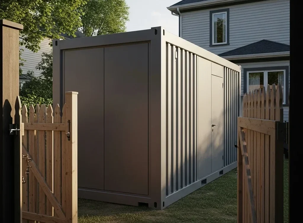Flat-pack storage container installed in a Moncton backyard with limited access
