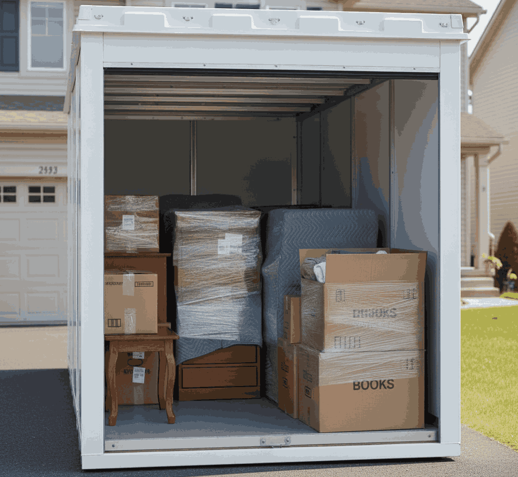 Open storage pod partially loaded with boxes and furniture in a suburban driveway.