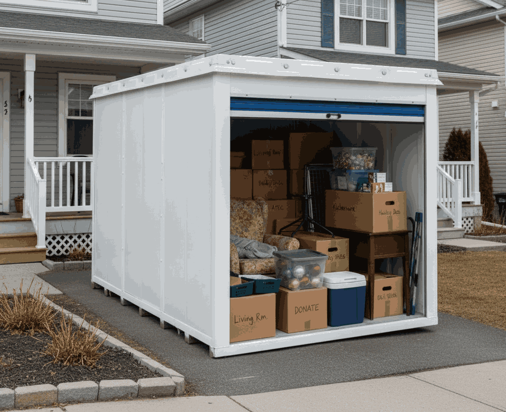 Storage container at a smaller home with labeled boxes and furniture used for downsizing.