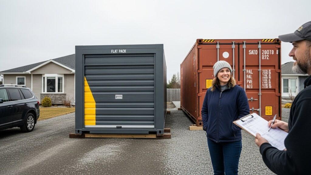 Flat-pack container and used shipping container side by side to compare total storage costs in New Brunswick