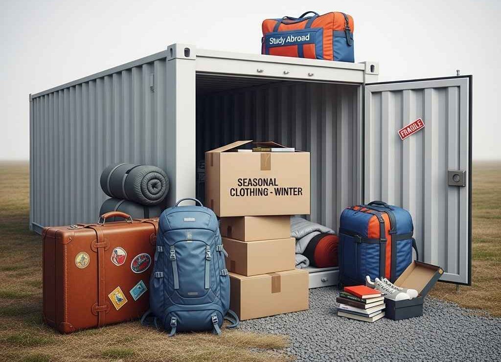 Storage container in an open outdoor area with items like a suitcase, backpack, and seasonal storage boxes placed nearby to represent short-term student needs.