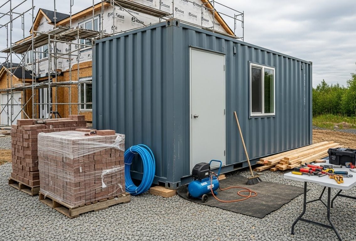 Shipping container used for tool storage on a Moncton renovation project
