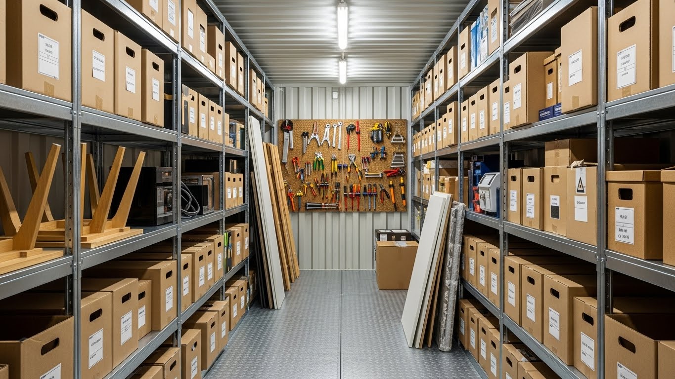 Organized interior of a flat-pack storage container showing efficient use of space