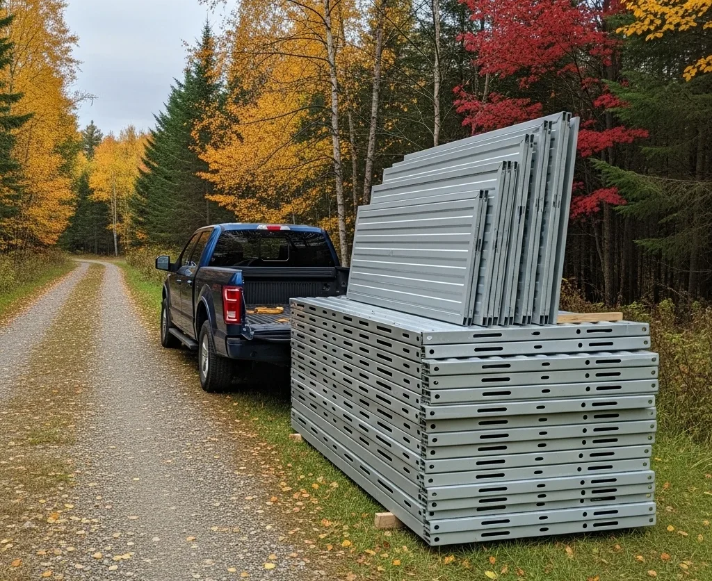 Flat-pack storage container panels delivered to a rural driveway in New Brunswick