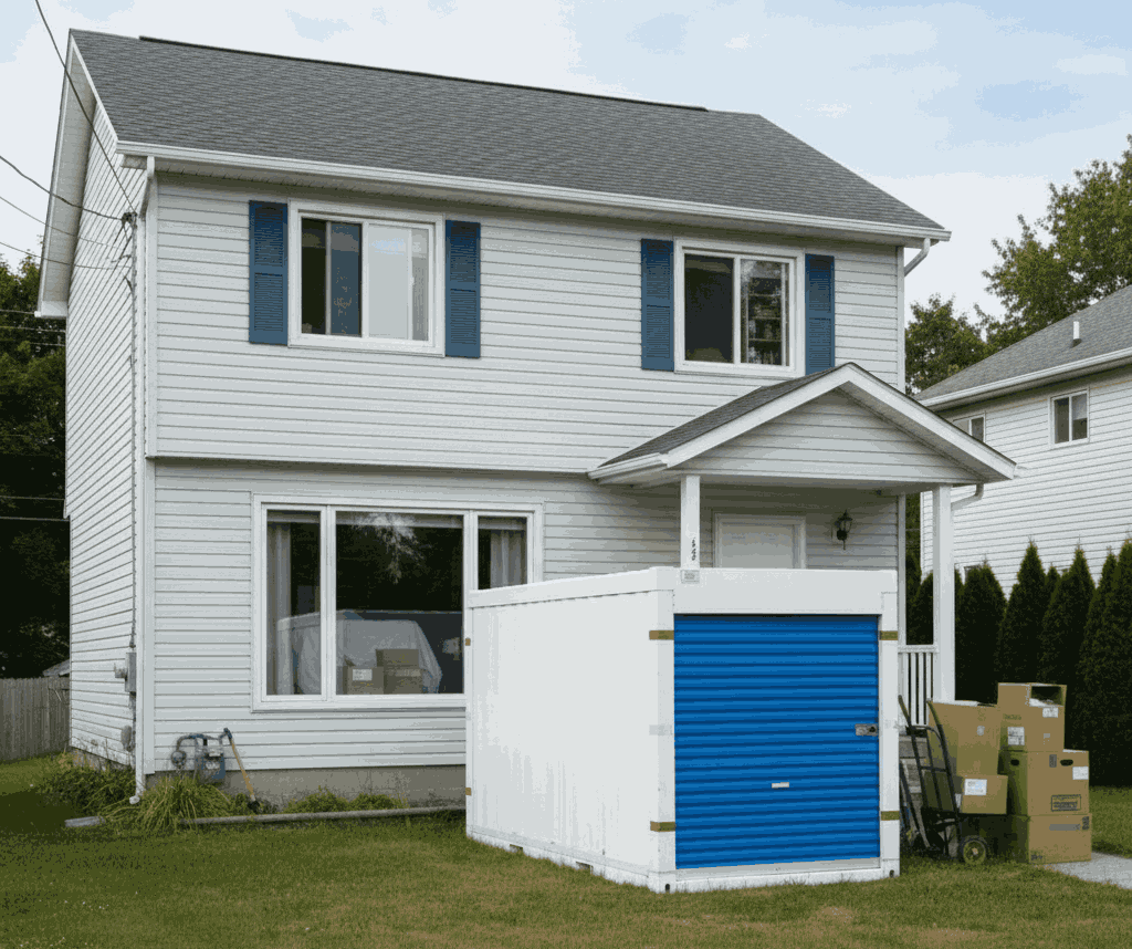 Storage container beside a family home with boxes and furniture visible inside the house during a move.