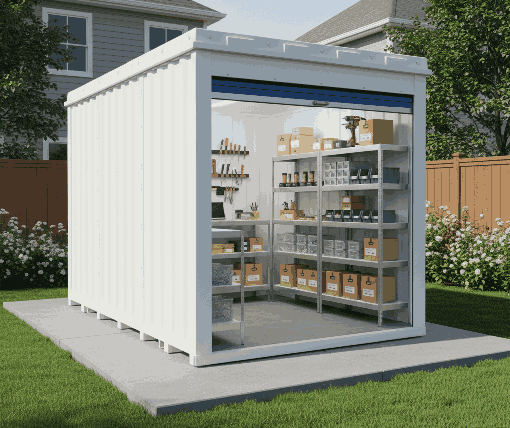 Open storage container in a backyard showing organized shelves and supplies for a home-based entrepreneur.