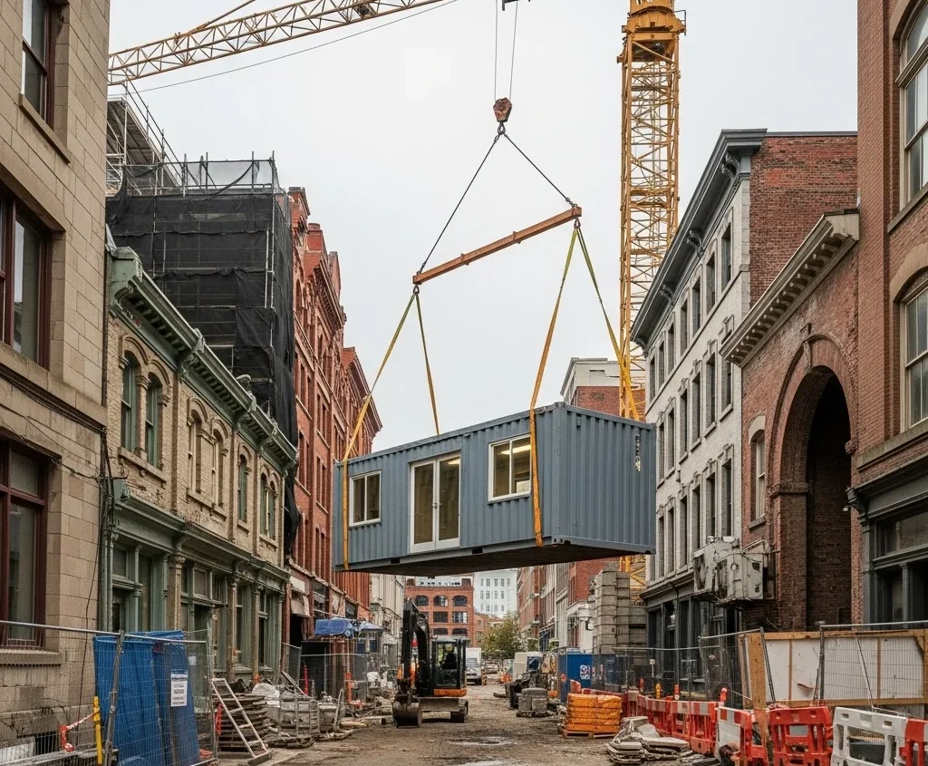 Crane placement of a container site office on a tight urban jobsite