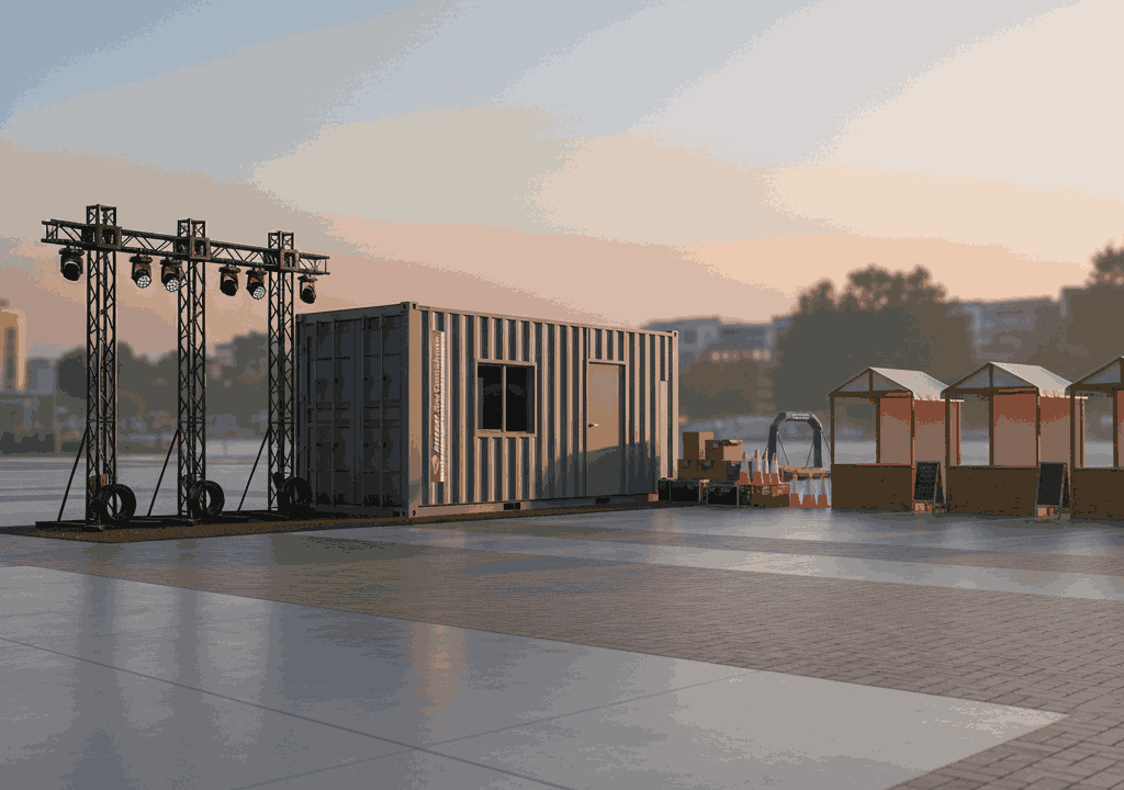 Steel container placed on a multi-use event site showing suitability for festivals, markets, sports, and community events.