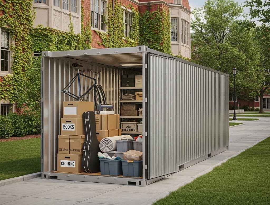 Storage container beside a campus-style building with neatly arranged student belongings visible inside under natural lighting.