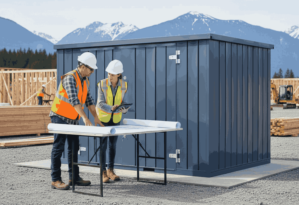 Construction site supervisor reviewing job plans beside a portable jobsite storage container.