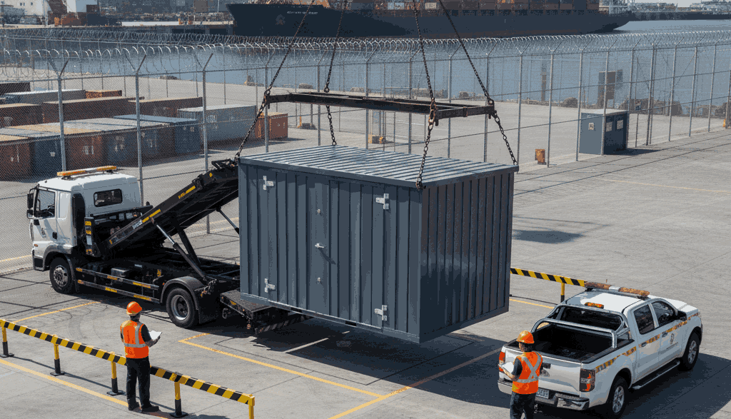 Flat box storage container being delivered and positioned inside a marine terminal with safety controls in place.