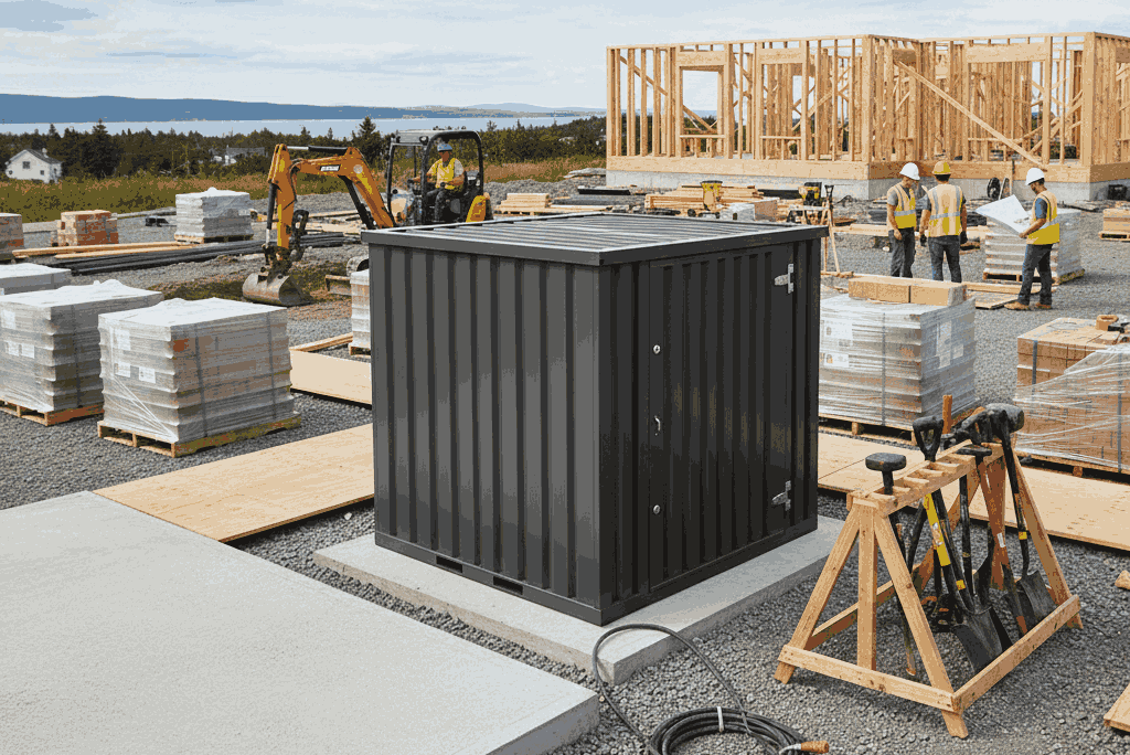 Flat box jobsite storage container supporting an organized and efficient construction site.