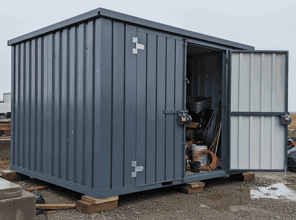 Secure steel storage container protecting restoration equipment during wet and cold Atlantic weather conditions.