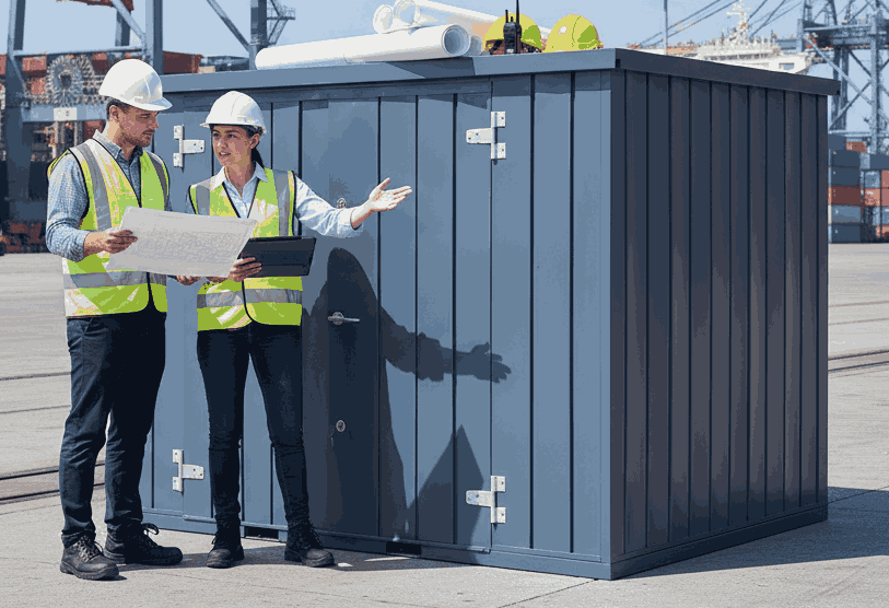 Marine terminal and logistics supervisors reviewing storage placement plans on the dock.