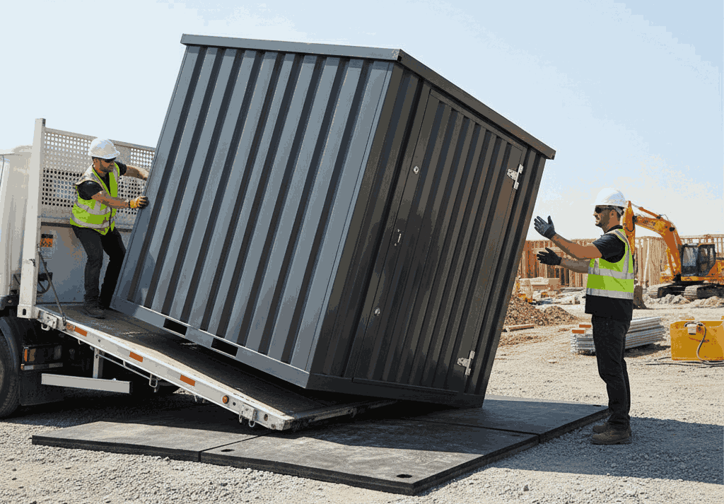 Portable jobsite storage container being safely delivered and positioned on a construction site.