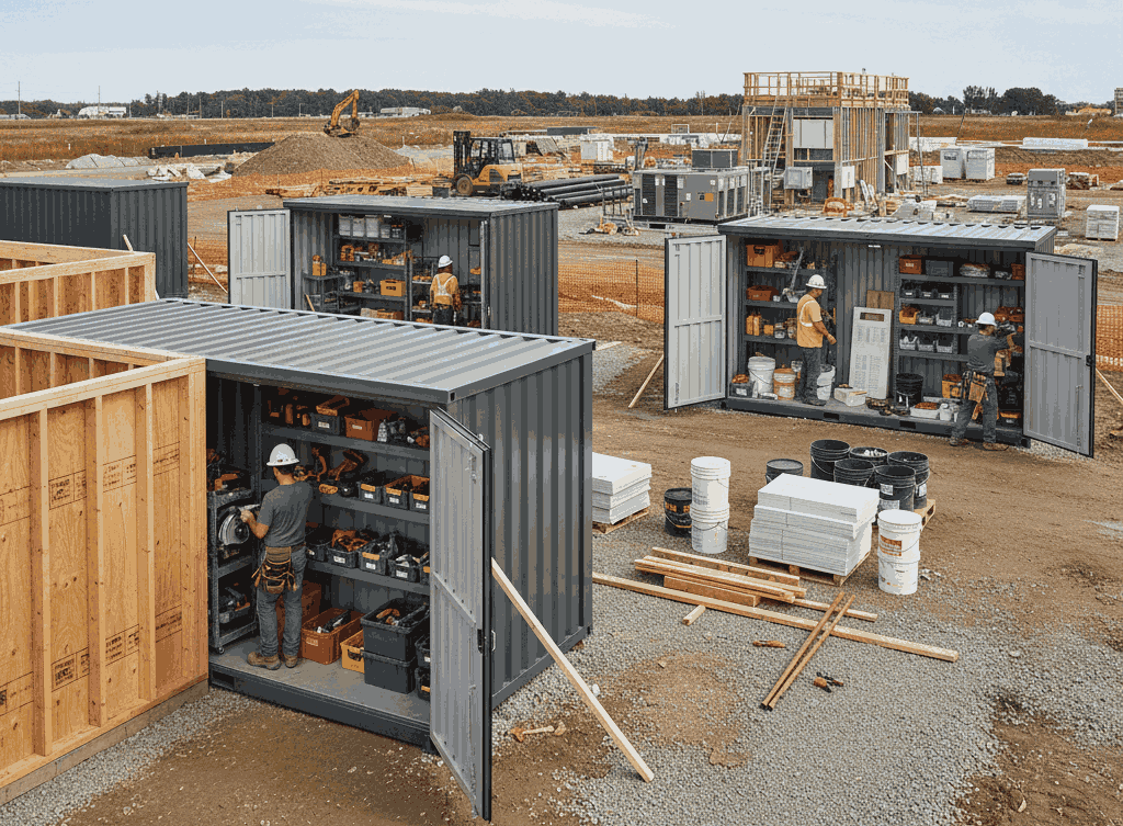 Jobsite storage containers deployed across different phases of a construction project.