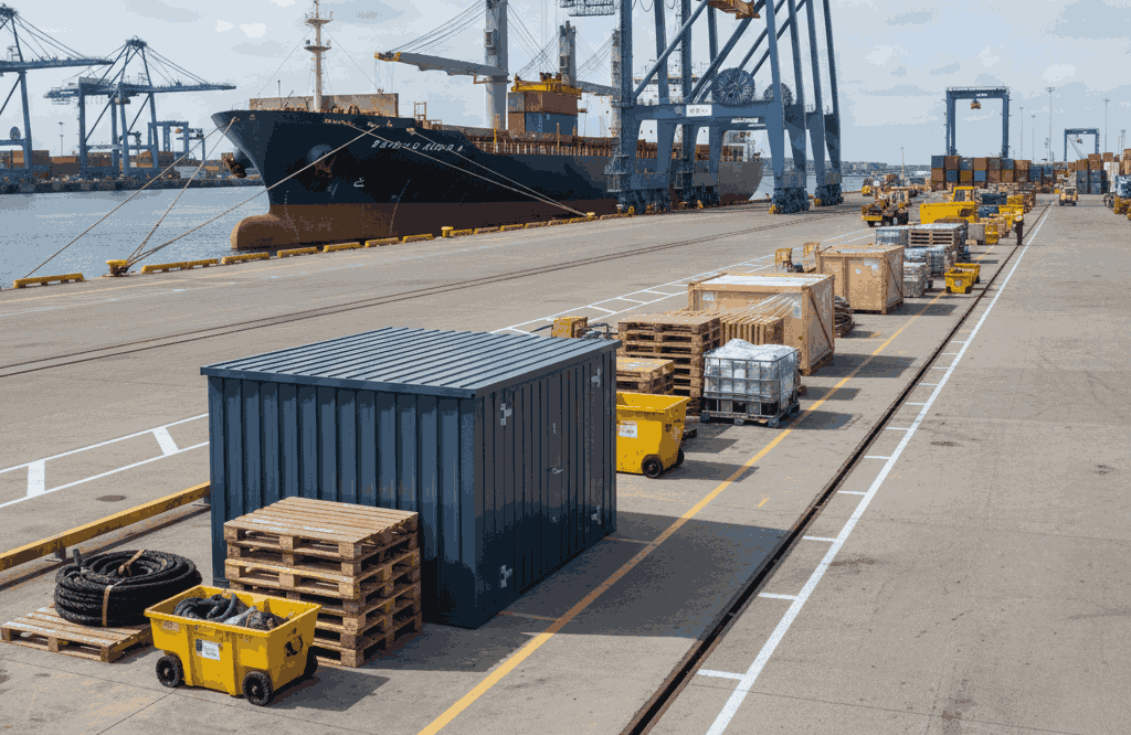 Dockside storage container supporting efficient and orderly port operations.