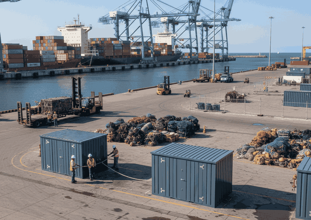 Dockside storage containers deployed for terminal operations, fisheries, and waterfront events.