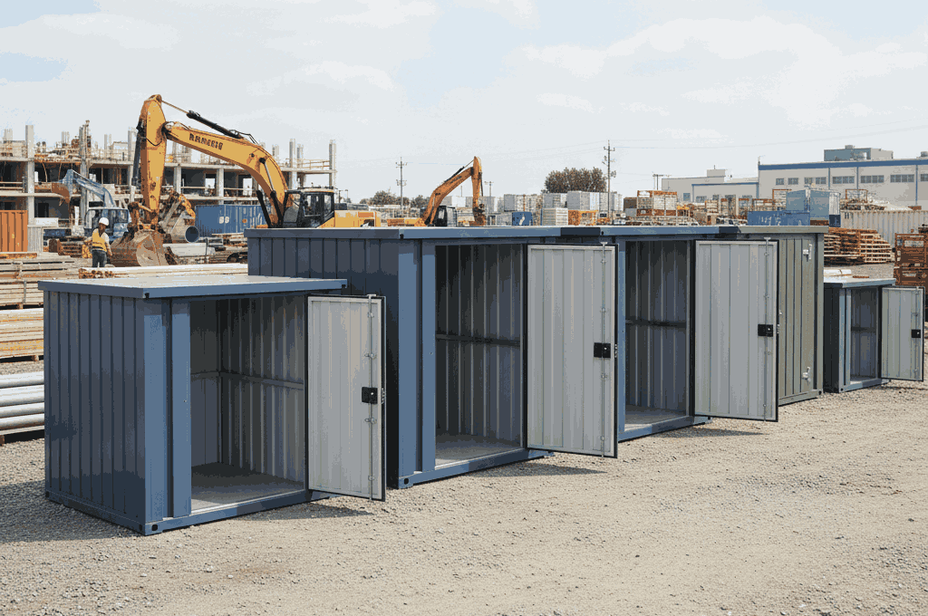 Flat box portable jobsite storage containers shown in different sizes for construction use.