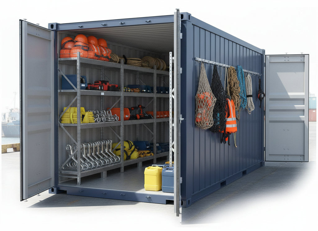 Organized interior of a dockside storage container holding rigging, PPE, and marine equipment.