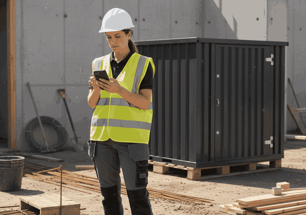 Construction manager scheduling a jobsite storage container rental at an active site.