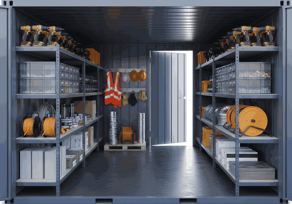 Organized interior of a jobsite storage container holding tools, materials, and safety equipment for multiple trades.