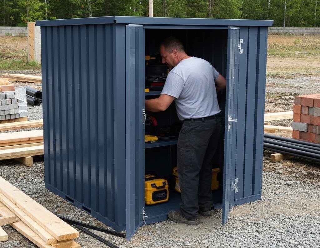 Steel outdoor utility shed used by contractor for secure job site tool storage in Atlantic Canada.