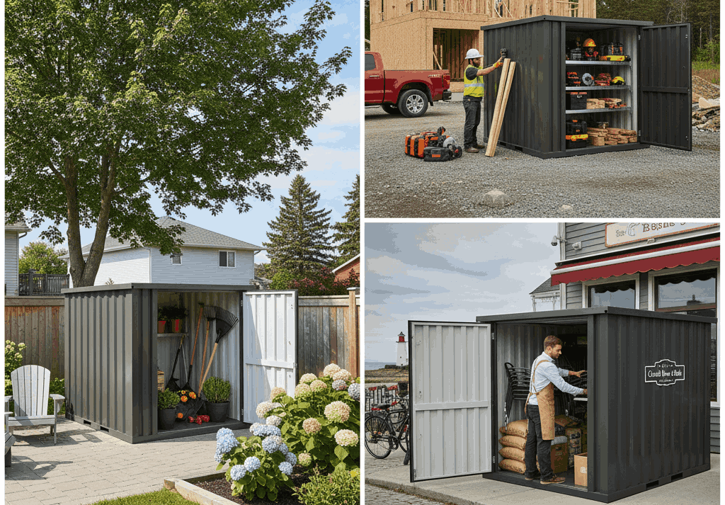 Steel outdoor storage container used by contractors businesses and homeowners across New Brunswick.